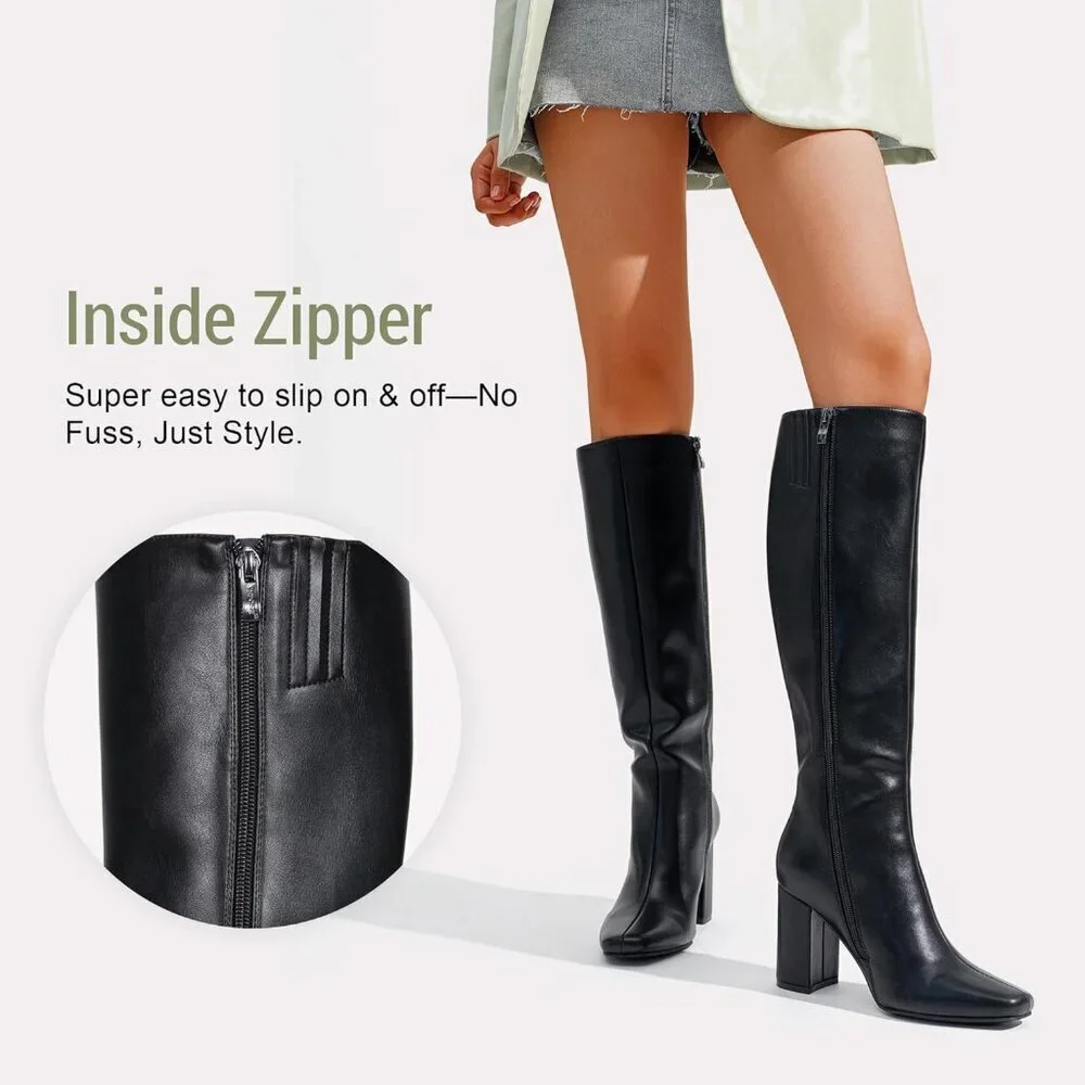 Women's Black Chunky Blocked Heel Squared Toe Long Boot Inside Zipper Tall Boots